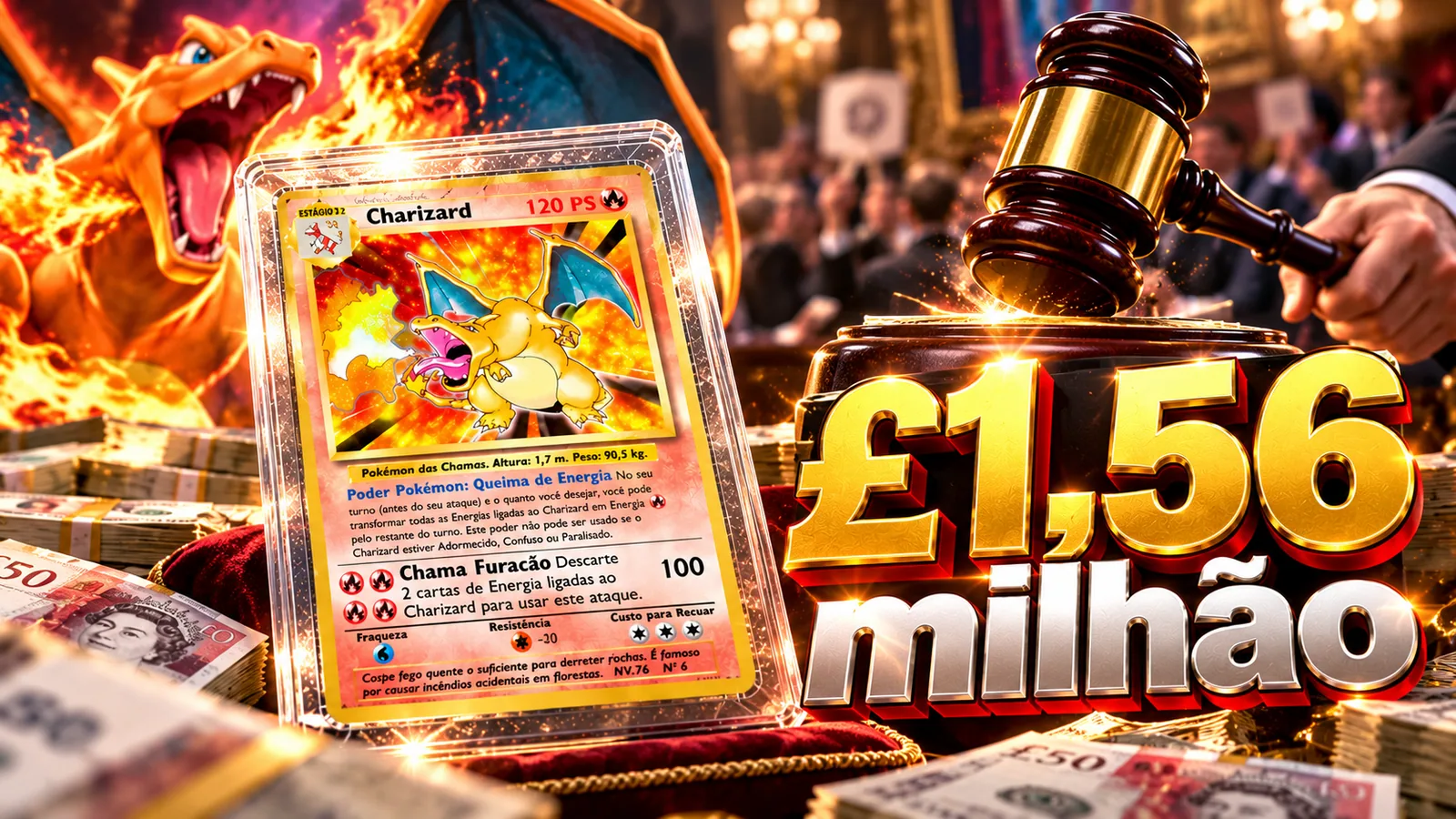 Ilustração de um leilão: carta de Charizard colecionável em destaque, martelo de leiloeiro, maços de libras esterlinas e o valor de 1,56 milhão de libras