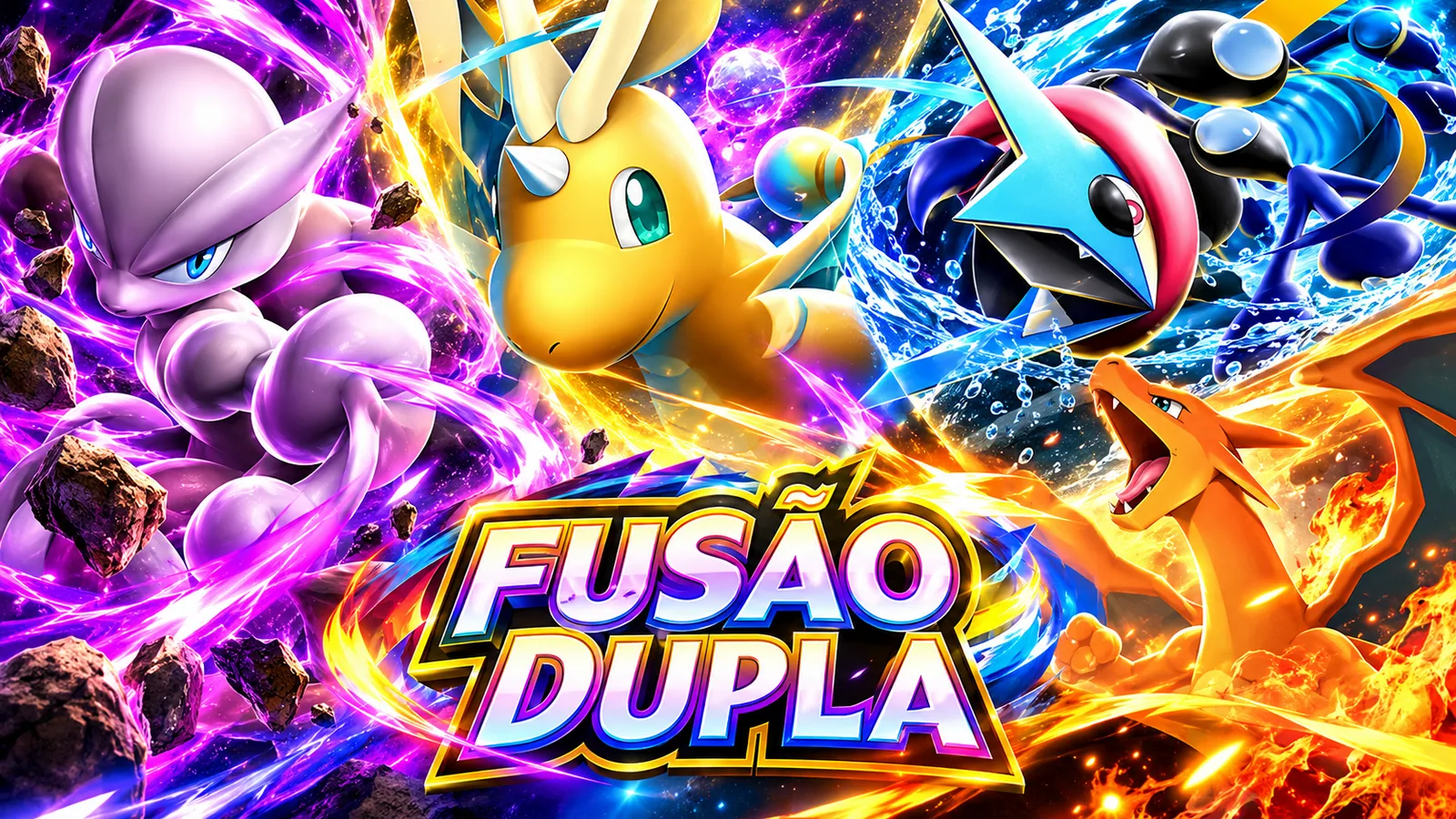Arte da expansão Fusão Dupla: Mega Mewtwo X, Mega Dragonite, Mega Greninja e Charizard em meio a energias roxas, douradas, azuis e de fogo